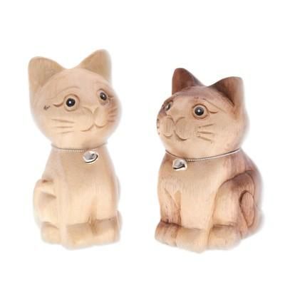 Harmonious Meows,'Set of 2 Feline Raintree Wood Figurines with Aluminum Bells'