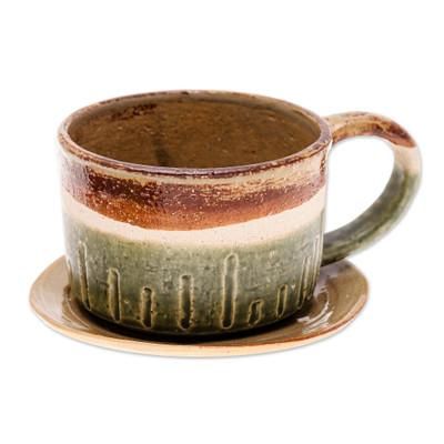 Natural Sensations,'Brown and Green Ceramic Cup and Saucer Set from Thailand'