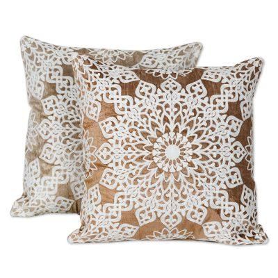 Floral Greetings,'Hand Embroidered Polyester Velvet Cushion Covers (Pair)'