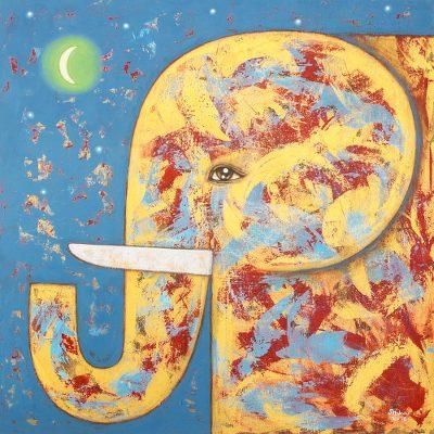 Elephant and the Crescent Moon,'Signed Naif Painting of a Yellow Elephant from Thailand'