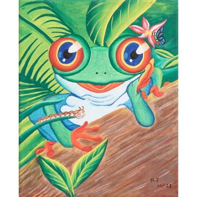 Frog,'Signed Stretched Acrylic Naif Painting in a Vibrant Palette'