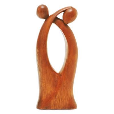 'Hand-Carved Polished Suar Wood Sculpture of a Couple's Hug'