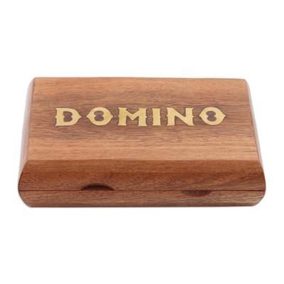 Master Match,'Handcrafted Brown Acacia Wood Domino Set with Brass Accents'