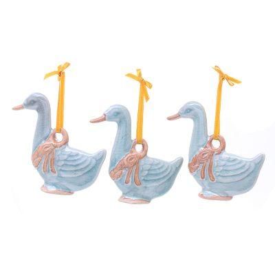 Celadon ceramic ornaments, 'Festive Blue Ducks' (set of 3)