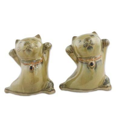 Playful Good Luck Cats,'2 Yellow Ceramic Lucky Cat Figurines Crafted in Thailand'