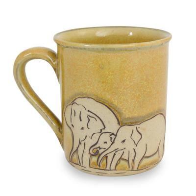 Celadon ceramic mug, 'Yellow Elephant Family'