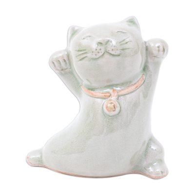 Lucky and Playful,'Cat Shaped Celadon Ceramic Figurine Handmade in Thailand'