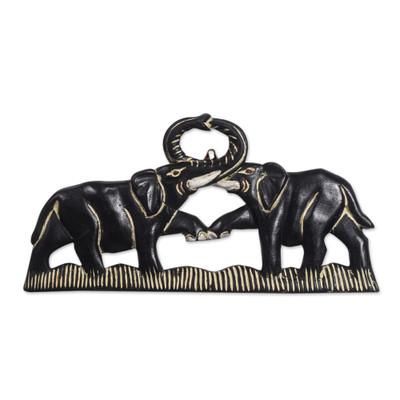 Elephant Fight,'Elephant-Themed Sese Wood Wall Sculpture from Ghana'