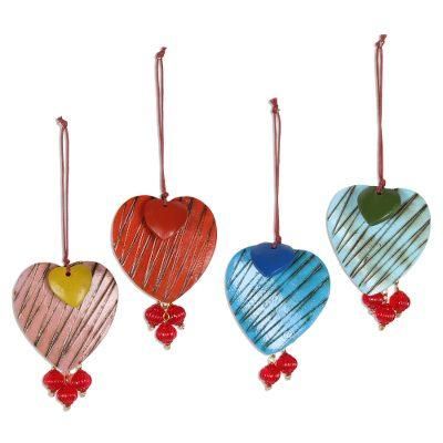 Zigzag Hearts,'Mango Wood Heart Ornaments from India (Set of 4)'