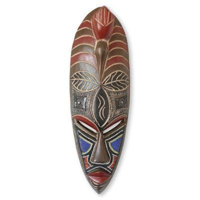 Nigerian wood mask, 'Celebration' - Unique Hand Beaded Wood Mask