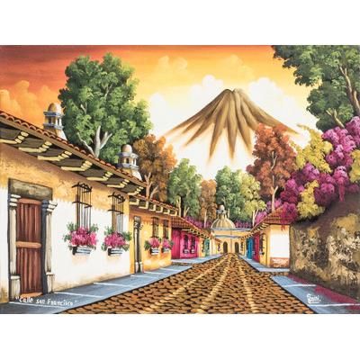 'Calle San Francisco' Guatemala Signed Oil on Canvas Painting in Yellows