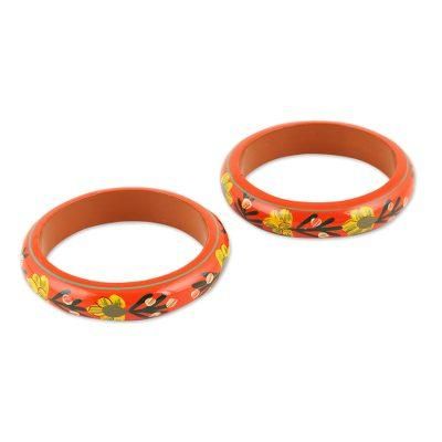 Vermilion Garden,'Floral Haldu Wood Bangle Bracelets in Vermilion (Pair)'