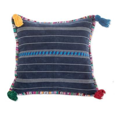 Land of Traditions,'Handwoven Blue Cotton Cushion Cover with Zipper Closure'