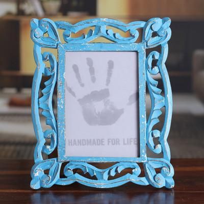 'Hand-Carved Blue Shabby-Chic Mango Wood Photo Frame 5x7'