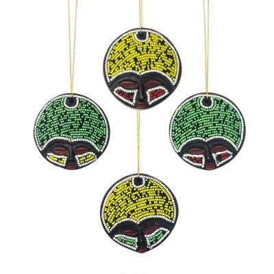 Ashanti Faces,'Recycled Plastic Beaded Wood Ornaments from Ghana (Set of 4)'
