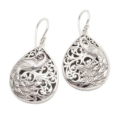 Garden Peacocks,'Sterling Silver Peacock Dangle Earrings'