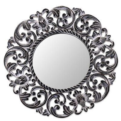 'Hand Carved Black Floral 15-Inch Wall Mirror from Bali'