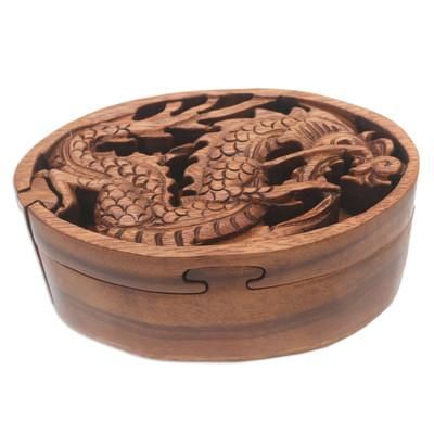 Dragon Oval,'Dragon-Themed Suar Wood Puzzle Box from Bali'