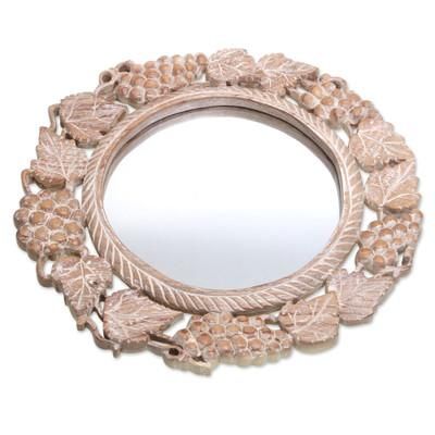 Buleleng Bouquet,'Grape Motif Round Wall Mirror with Distressed Finish'