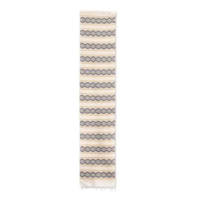 'Hand-Woven Ivory Brown & Yellow Fringed Cotton Table Runner'
