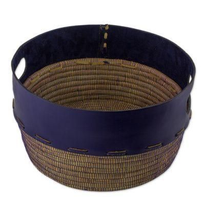Vibrant,'Artisan Crafted Blue Leather and Pine Decorative Basket'
