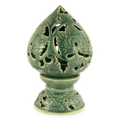 Celadon ceramic candleholder, 'Blue Bouquet'