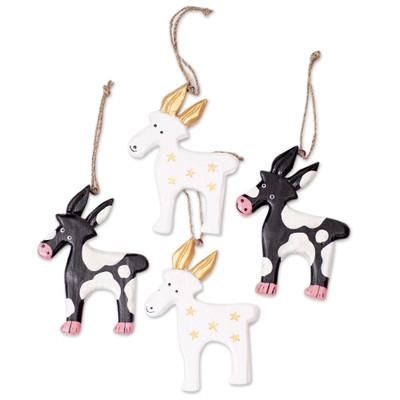Magic Deers,'Set of 4 Hand-Painted Deer Ornaments Crafted from Wood'
