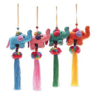 Festive Parade,'Handcrafted Cotton Blend Elephant Ornaments (Set of 4)'