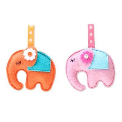 Napping Elephants,'Felt Elephant Ornaments in Orange and Pink (Pair)'