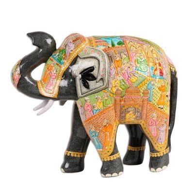 Mughal Elephant,'Hand Painted Papier Mache Elephant Sculpture (14 Inch)'
