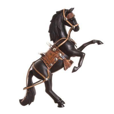 Proud Horse,'Cedar and Leather Horse Sculpture Carved by Hand'