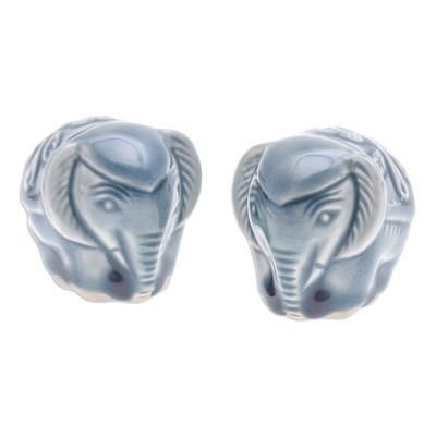 Thai Elephants,'Pair of Celadon Ceramic Elephant Mini Figurines in Blue'