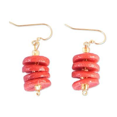 Fire Warrior,'Red Recycled Glass Beaded Dangle Earrings with Brass Hooks'