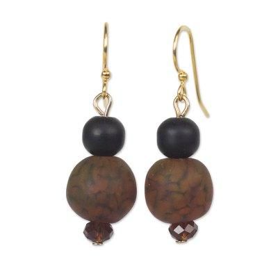 'Brown-Black Recycled Glass and Plastic Bead Dangle Earrings'