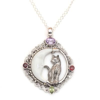 Kitty's Night,'Handmade 925 Sterling Silver Garnet Cat Pendant Necklace'