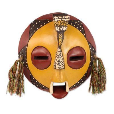 Calm One,'Handcrafted Yellow Sese Wood Wall Mask from Ghana'