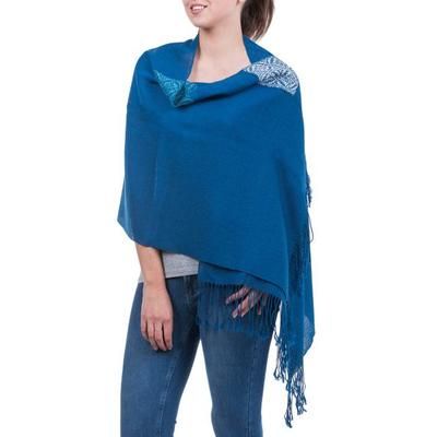Blue Dahlia,'Andean Baby Alpaca Backstrap Loom Blue Floral Shawl'