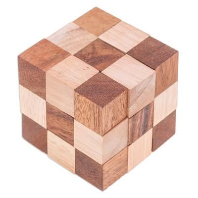 Logic Squares,'Handcrafted Natural Brown Raintree and Rubberwood Snake Cube'