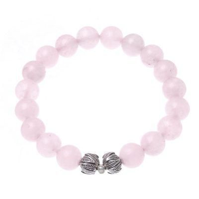 Leafy Pink,'Leaf-Themed Rose Quartz Beaded Stretch Bracelet'