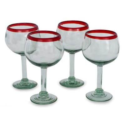 'Ruby Globe' (set of 4) - Set of 4 Hand Blown Wine Glasses Clear with Red