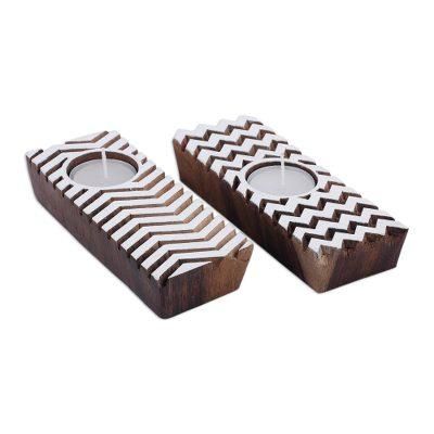 Zigzag Flair,'Hand Carved Wooden Tealight Candle Holders (Pair)'