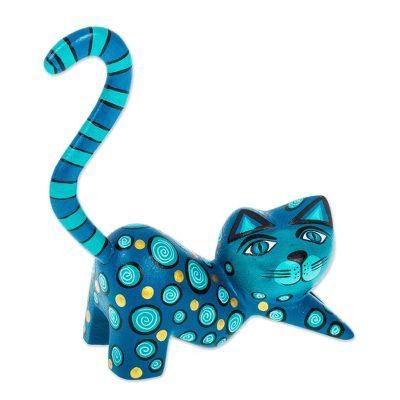 Turquoise Cat,'Modern Turquoise Cat Alebrije Sculpture'