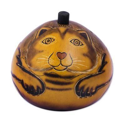 Andean Feline,'Andean Artisan Crafted Dried Mate Gourd Cat Box'