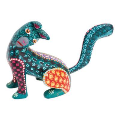 'Wood Cat Alebrije Figurine in Green Hand-Painted in Mexico'