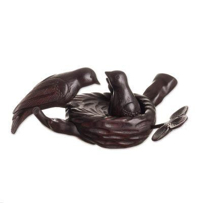 'Bird-Themed Mother and Child Cedar Wood Sculpture from Peru'