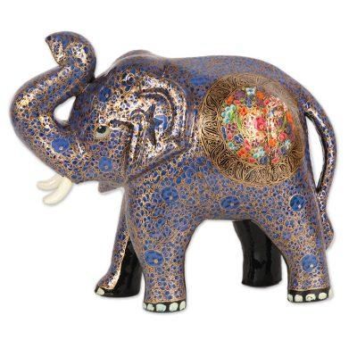 Triumphant Elephant,'Floral Blue Papier Mache Elephant Sculpture from India'