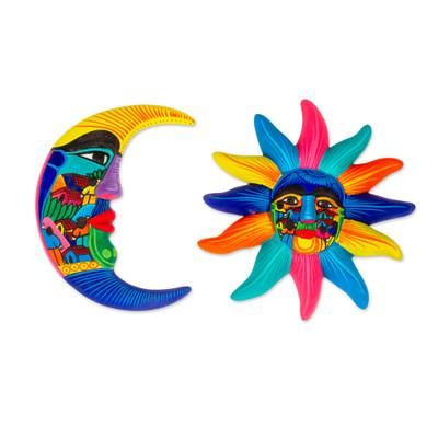 Beauty of the Sky,'Hand Painted Ceramic Sun and Moon Wall Art (Pair)'