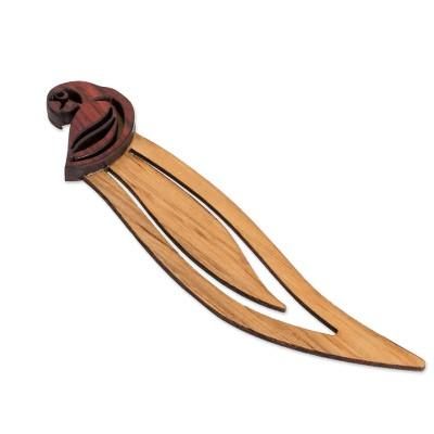 Intellectual Macaw,'Macaw-Themed Leafy Teak and Mora Wood Bookmark'