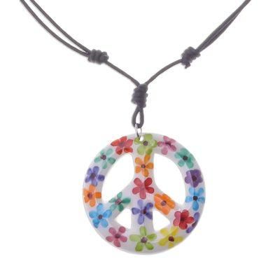 Flower Child,'Floral Motif Ceramic Peace Pendant Necklace from Thailand'