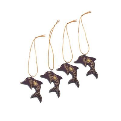 Morning Dolphins,'Set of 4 Handmade Mahogany Wood Dolphin Ornaments from Bali'